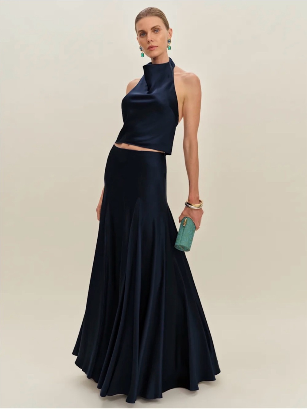 REFORMATION Sera Silk Two Piece Set in Navy 8
